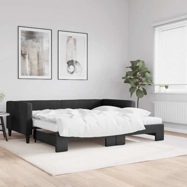 vidaXL Tagesbett Ausziehbar mit Matratzen Schwarz 100x200 cm Stoff, 3196603