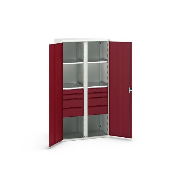 bott verso Flügeltürschrank mit Schubladen, mit 4 Fachböden und 8 Schubladen, BxTxH: 1050 x550 x 2000 mm, Lichtgrau / Purpurrot, 16926583.24