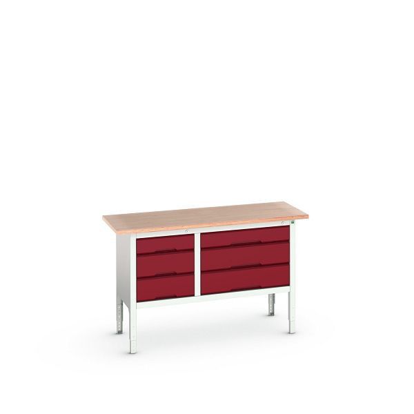 bott verso Kastenwerkbank (Multiplex-Platte) mit 6 Schubladen, BxTxH: 1500 x 600 x 830 - 930 mm, Lichtgrau / Purpurrot, 16923015.24