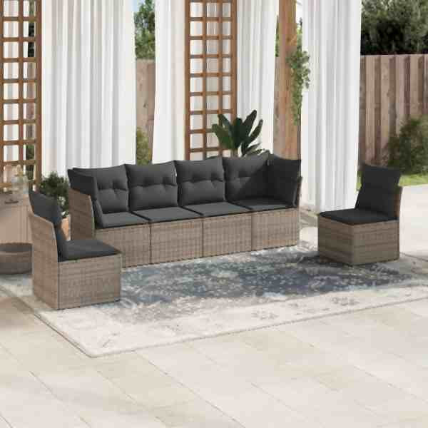 vidaXL 6-tlg. Garten-Sofagarnitur mit Kissen Grau Poly Rattan, UV-beständig, 3217370