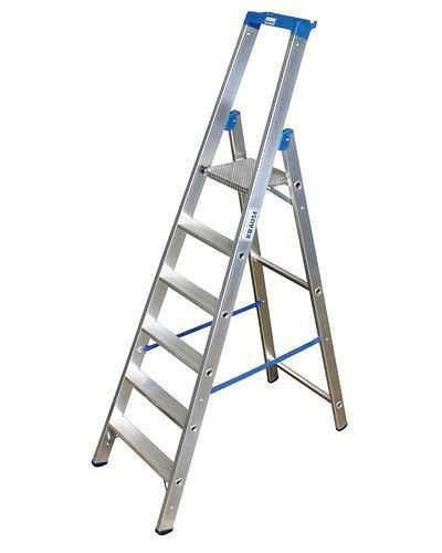 DENIOS Stufenstehleiter aus Aluminium, mit 2 Sicherheitsgurten, 6 Stufen, 156-872