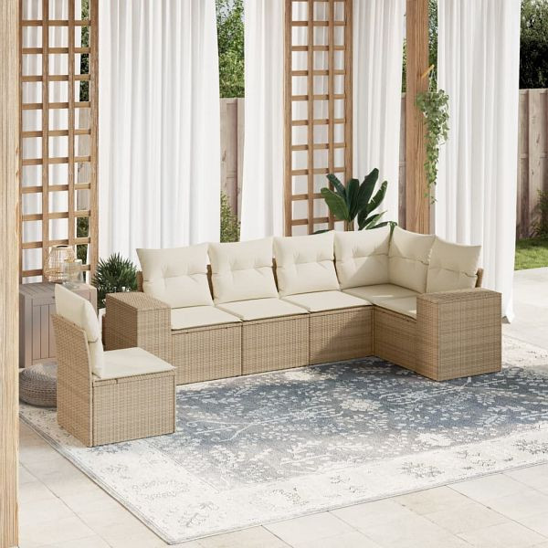 vidaXL 6-teilig Garten-Sofagarnitur mit Kissen Beige Poly Rattan, 3222627