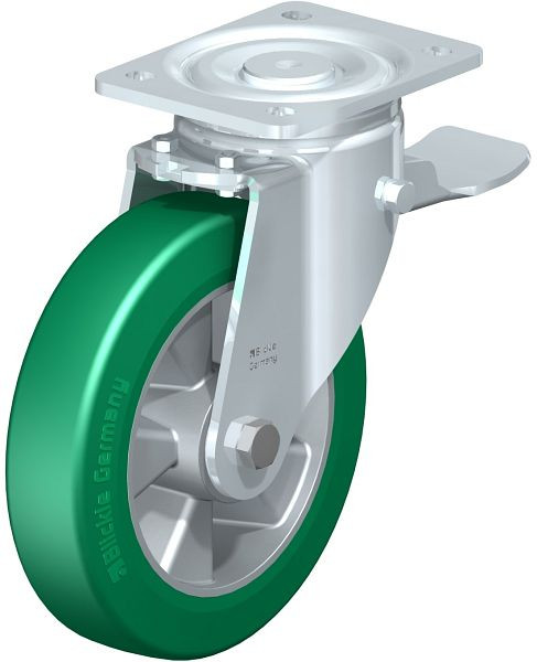 Blickle LH-ALST 200K-ST Stahlblech-Lenkrolle, Schwerlast-Ausführung, mit Anschraubplatte & Feststeller, Blickle Softhane®, Grün, 626762