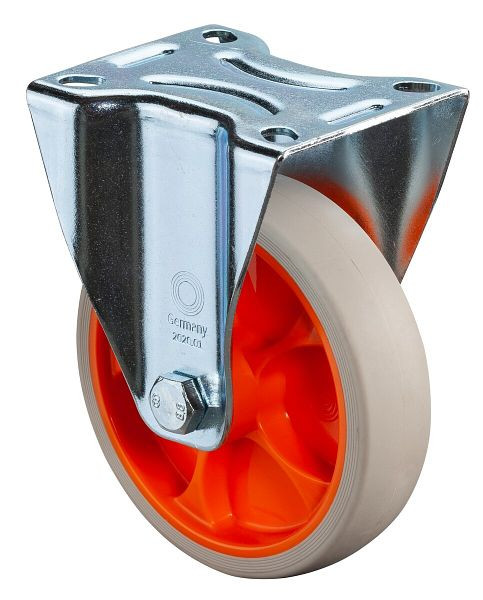 BS Rollen Transportrolle Bockrolle, thermoplastisches Gummirad, orange Felge, Reifen hellgrau, Durchmesser: 125 mm, VE: 2 Stück, L410.B44.126.02