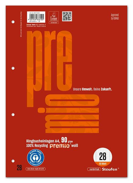 Staufen Ringbucheinlage LIN 28 - A4, 50 Blatt, 5 mm kariert Rand beidseitig, 90 g/qm, 040771028