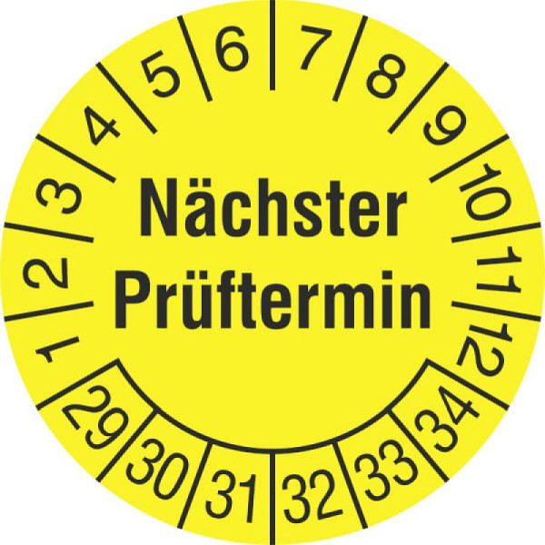 Stein HGS Prüfplaketten mit Jahresfarbe (6 Jahre), Folie, Ø 15 mm, gelb-schwarz, 2029-2034, 31.c7020-29