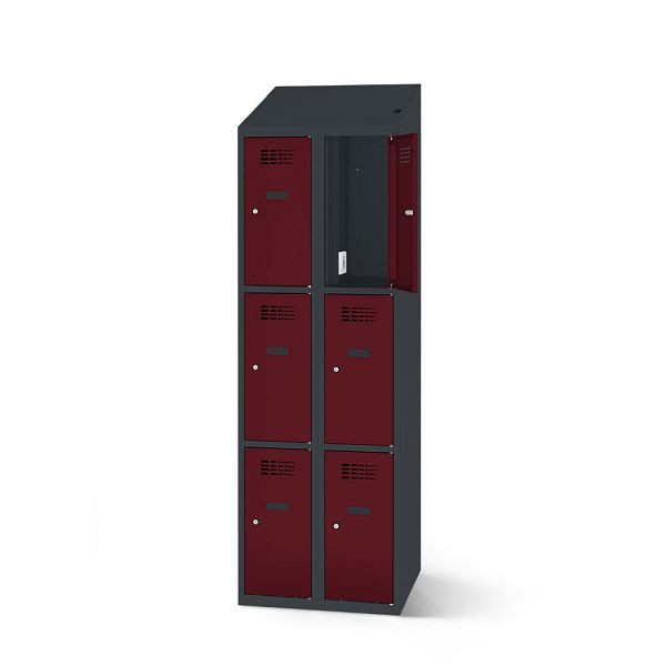Rotstahl Fächerschrank, 6 Fächer, kurzer Sockel, mit Ladefunktion, Schrägdach, Korpus: anthrazitgrau, Türen: weinrot, 2180-020300-0601112-7016-3005