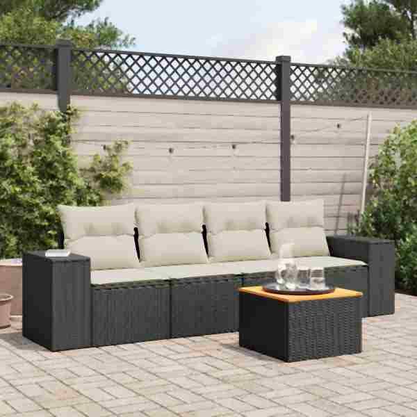 vidaXL 5-tlg. Garten-Sofagarnitur mit Kissen Schwarz Poly Rattan, UV-beständig, 3225321