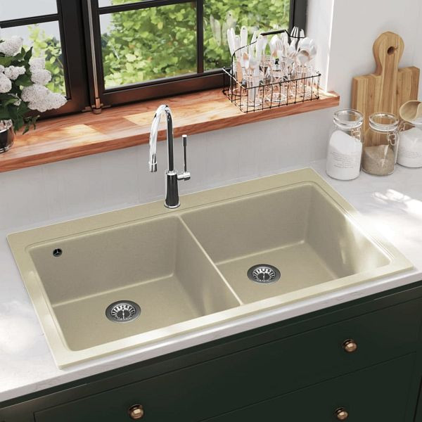 vidaXL Granitspüle Doppelbecken Beige, Material: Granit, 144851