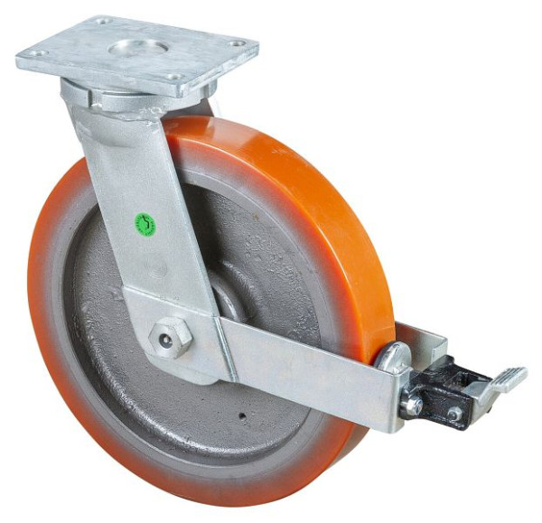 BS Rollen Schwerlastrolle mit Rad-/Feststeller, Breite 75 mm, Ø400 mm, bis 2500 kg, Guss-Polyurethan 95 Shore A, Körper Guss, Kugellager, RR120.C10.400