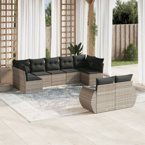 vidaXL 9-tlg. Garten-Sofagarnitur mit Kissen Hellgrau Poly Rattan, 3254159