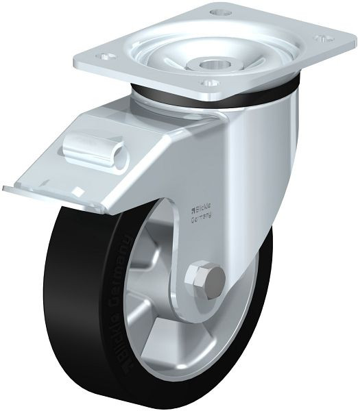 Blickle LK-ALEV 160K-FI Stahlblech-Lenkrolle, schwere Ausführung, mit Anschraubplatte & Feststeller, Elastik-Vollgummi, Schwarz, 609651