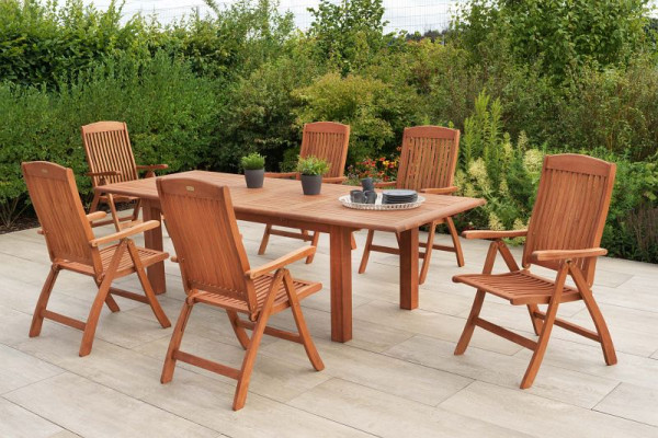 Merxx Maracaibo Set 7-teilig, 6 Maracaibo Klappsessel, 1 Doppelausziehtisch 180 (220/260) x 100 cm, FSC Eukalyptusholz, 50614-011