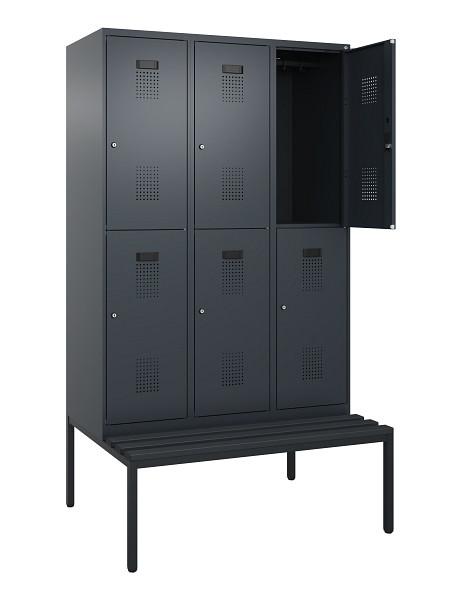 C+P Doppelstock-Spind Evolo PLUS, Bank, 6 Fächer, 2120x1200x815mm, 7016/7016, Zylinderschloss, Sitzfläche Kunststoff, Sitzbank, 0493507-32 S10124