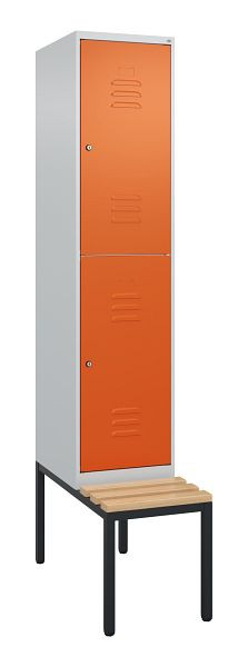 C+P Doppelstöckiger Spind Classic PLUS, 2120x400x815mm, 7035/2004, Zylinderschlösser, Sitzleisten aus Buche, mit untergebauter Sitzbank, 0803507-12 S10186
