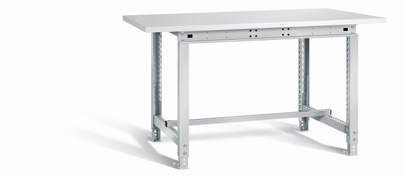 Otto Kind Werktisch allrounder, höhenverstellbar von 720-958 mm, Melamin-Platte, überstehend, 2 Fußgestelle, 1524 mm Breite, komplett RAL 7035, 072395017