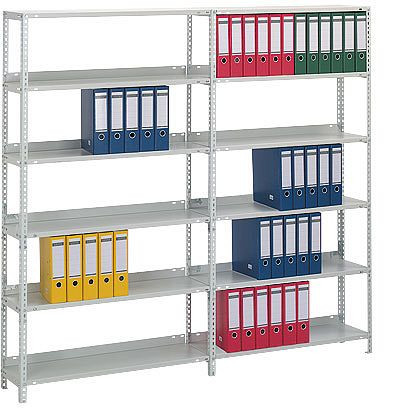 hofe Akten-Anbauregal, 1500x300x750 mm, 5 Fachebenen, für 36 Ordner, verzinkt, 60 kg Fachlast, 300 kg Feldlast, einseitige Bedienung, WZA15307ED