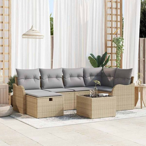 vidaXL Garten-Sofa-Set mit Kissen mit Speicher 7-teilig Beige Poly-Rattan, 3360321