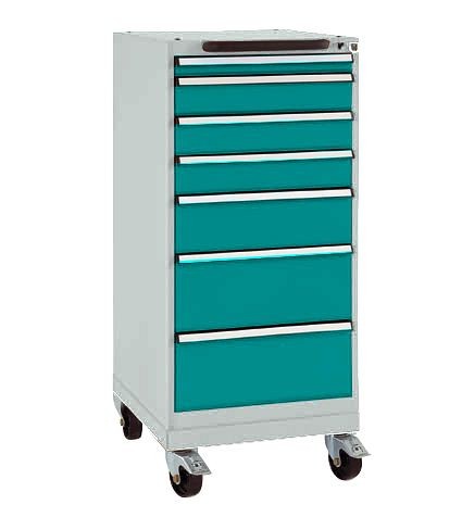 Manuflex Schubfachschrank BASETEC mobil, Nutzhöhe 900 mm mit 7 Schubfächern, in wasserblau RAL 5021, SP1133.5021