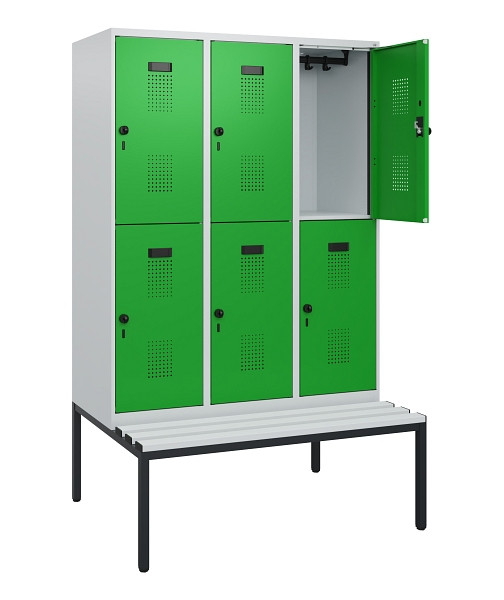 C+P Doppelstöckiger Spind Evolo PLUS, Bank, 6 Fächer, 1950x1200x815mm, 7035/6037, Drehriegel, Sitzfläche Kunststoff, Sitzbank, 0493505-32 S10103