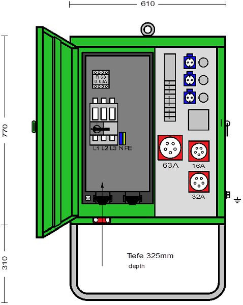 Elektra Tailfingen Verteilerschrank 44 kVA mit RCD Typ B, 3 CEE-Abgänge 16-63A und 3 Schutzkontakt-Steckdosen, V 63N/A/3111-1, 183214