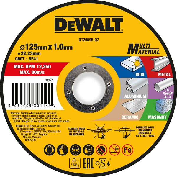 DeWalt High Performance Trennscheibe 125x1x22,23 mm Multi-Material Typ 41 (flach), VE: 25 Stück, DT20595-QZ