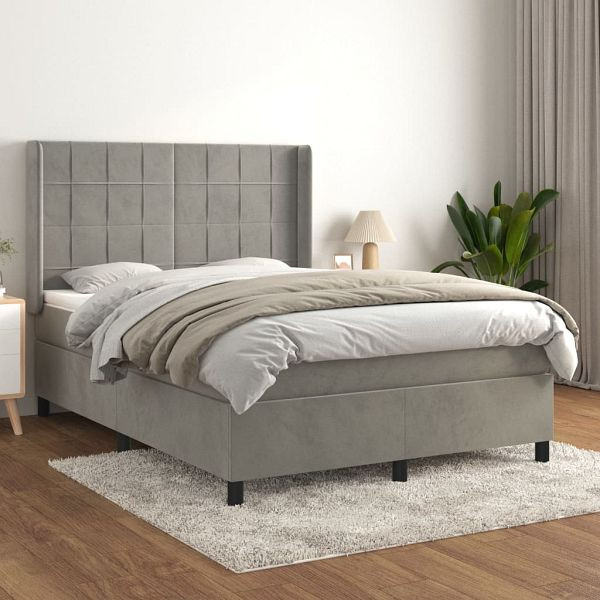 vidaXL Boxspringbett mit Matratze Hellgrau 140x200 cm Samt, 3132681
