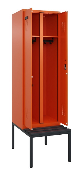 C+P Schwarz-Weiß-Spind Evolo PLUS, Bank, 2 Abteile, 2120x600x815mm, 2004/2004, Zylinderschloss, Sitzfläche Kunststoff, Sitzbank, 0490527-20 S10103