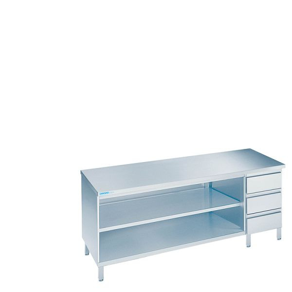 CHROMOnorm Arbeitsschrank Offen mit Schuhbaldenblock Rechts, mit Tischplatte Allseits abgekantet - 1800x600x850/900 mm, SG0618AS3R0