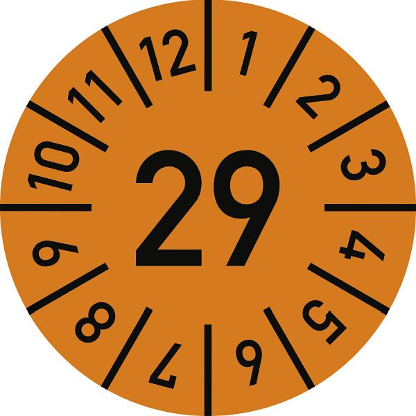 Moedel Prüfplakette Jahr 29 mit Monaten, orange, Folie, Ø 15 mm, VE: 10 Stück/Bogen, 108330