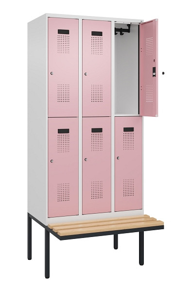 C+P Doppelstock-Spind Evolo PLUS, Bank, 6 Fächer, 2120x900x815mm, 9016/3015, Zylinderschloss, Sitzfläche Buche-Hartholz, 0493407-30 S10045
