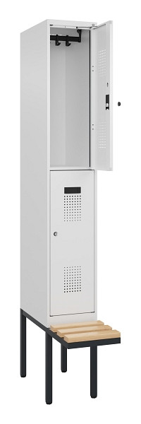 C+P Doppelstock-Spind Evolo PLUS, Bank, 2 Fächer, 2120x300x815mm, 9016/9016, Zylinderschloss, Sitzfläche Buche-Hartholz, 0493407-10 S10047