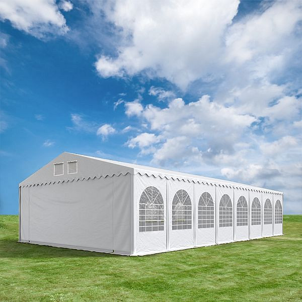 Toolport XXL 8x20 m Partyzelt 2,6 m Seitenhöhe, PVC-Plane 550 g/m², mit Bodenrahmen, feuersicher weiß, 5282