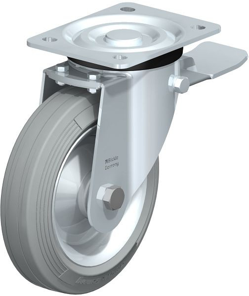 Blickle L-RD 182R-ST-VLI Stahlblech-Lenkrolle, mittelschwere Ausführung, mit Anschraubplatte & Feststeller, Zweikomponenten-Vollgummi, Grau, 34249