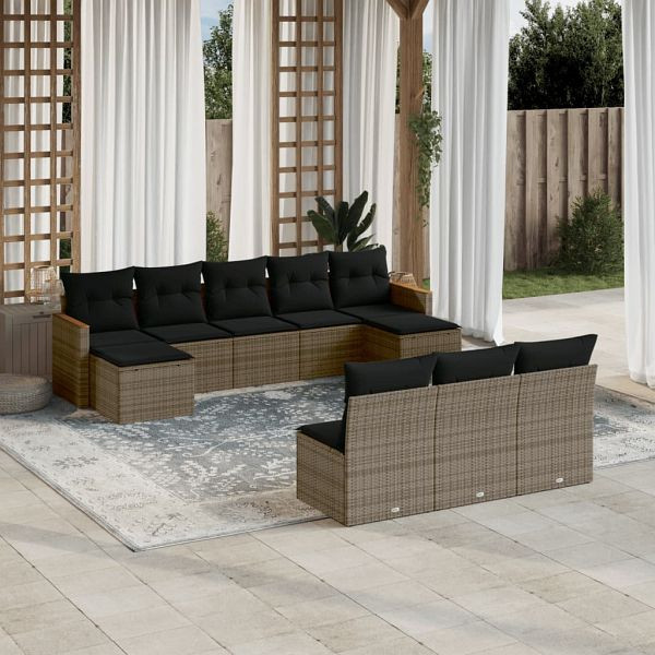 vidaXL 10-teilig Garten-Sofagarnitur mit Kissen Grau Poly Rattan, 3226389