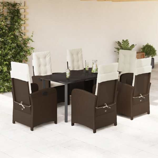 vidaXL 7-tlg. Garten-Essgruppe mit Kissen Braun Poly Rattan, UV-beständig, 3212346