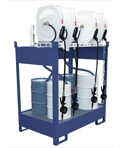 DENIOS Ölstation DPO-4-Z, Wanne, 4 Druckluftpumpen, Schlauchaufroller geschlossen 10 m, 201606