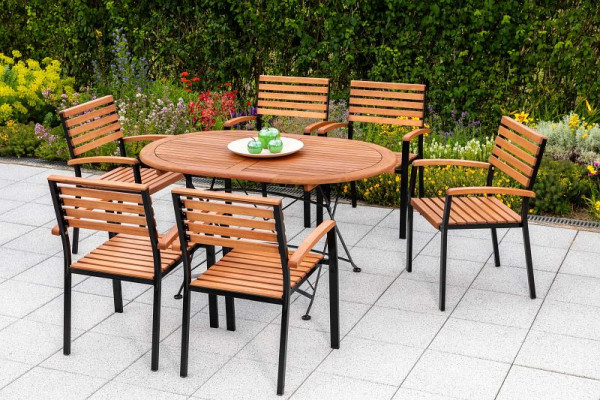 Merxx Schlossgarten Set 7-teilig, 6 Schlossgarten Stapelsessel, 1 Klapptisch, oval, 140 x 90 cm, Flachstahl mit FSC Eukalyptusbelattung, 50157-217