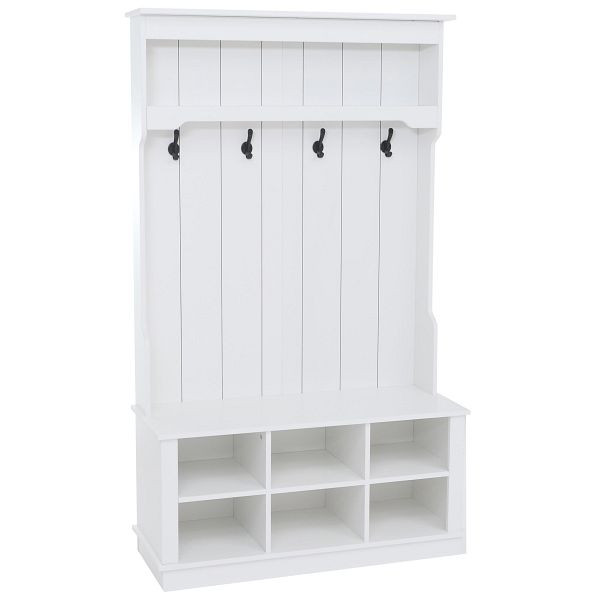 Mendler Garderobe HWC-P26, Flurgarderobe Holzgarderobe Sitzbank, 4 Haken Staufach Ablage Melamin 170x100x39cm, weiß, 118660+118661