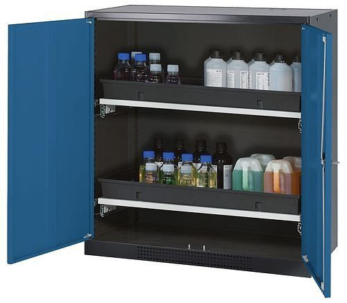 asecos Chemikalienschrank Systema-T CS-102, Korpus anthrazit, Flügeltüren blau, 2 Tablarauszüge, 208657