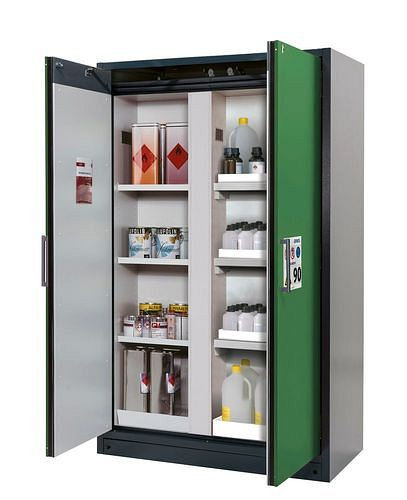 asecos Feuerbeständiger Gefahrstoffschrank Select, mit Mittelwand, Einlege- und Wannenböden, grün, 266826