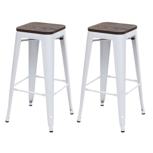 Mendler 2er-Set Barhocker HWC-A73 inkl. Holz-Sitzfläche, Barstuhl Tresenhocker, Metall Industriedesign stapelbar, weiß, 70393