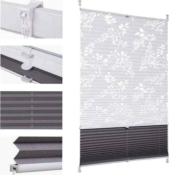 Sekey Plissee Day+Night Verdunkelung ohne Bohren verspannt Lichtschutz, Ausbrenner Muster 85 x 130 cm Druck & Grau, BL-8021