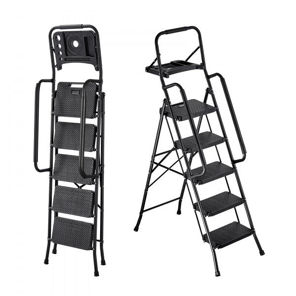 VEVOR 5-Stufen Trittleiter, Klapptritt mit Werkzeugablage, Handläufen, 272 kg, Haushaltsleiter, Schwarz, YGTTWBDGJPDLWXCPG001V0