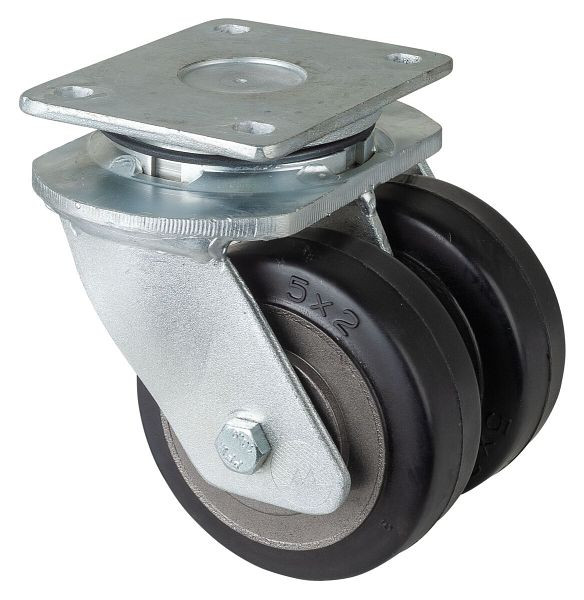 BS Rollen Schwerlastdoppelrolle, Rad-Breite 2x50 mm, Rad-Ø 125 mm, Tragfähigkeit 550 kg, Elastik-Reifen schwarz, Radkörper Guss, Kugellager, S100.B81.125