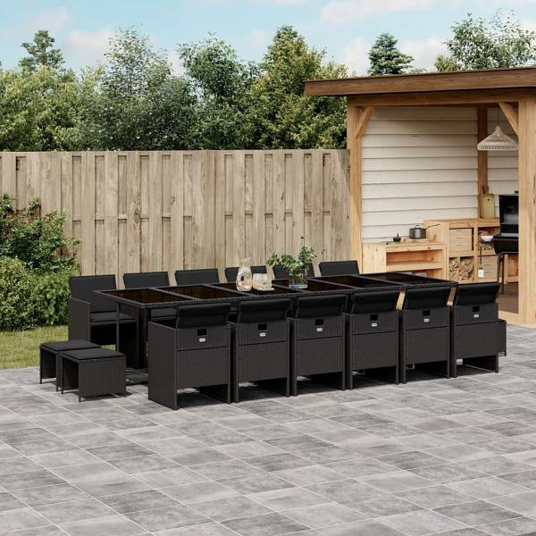 vidaXL 17-tlg. Garten-Essgruppe mit Kissen Schwarz Poly Rattan, UV-beständig, 3277770