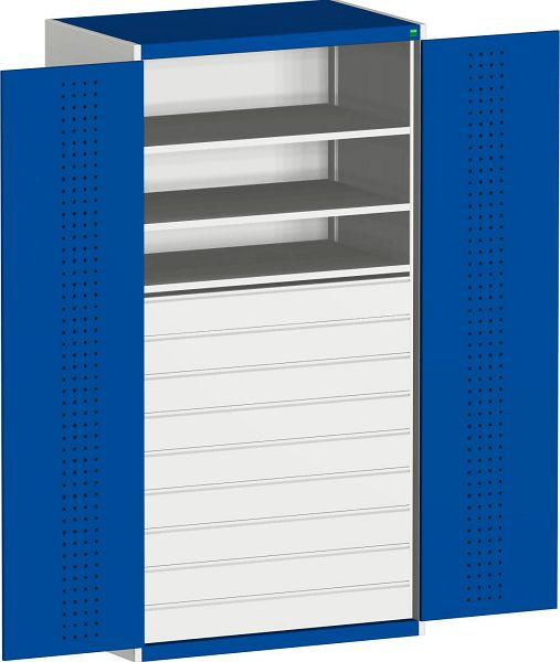 bott cubio Flügeltürschrank bestückt mit 9 Schubladen, 3 Fachböden BxTxH: 1300 x 650 x 2000 mm, RAL 7035/5010, 40022089.11V