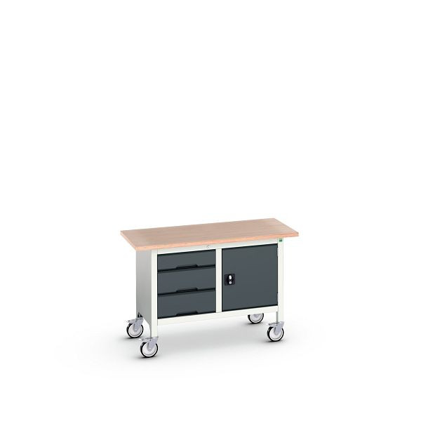bott verso mobile Kastenwerkbank (Multiplex) mit 3 Schubladen und 1 Tür, BxTxH: 1250 x 600 x 830 mm, Lichtgrau / Anthrazitgrau, 16923203.19