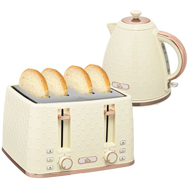 HOMCOM 2-in-1 Küchenset, Toaster und Wasserkocher, mehrere Optionen, 1,7 L, 4 Toastscheiben gleichzeitig, Kunststoff, Beige, 800-180V90BG