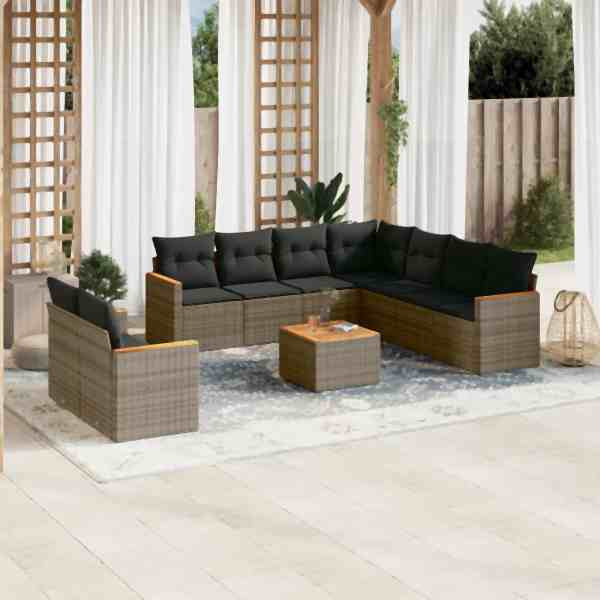 vidaXL 10-tlg. Garten-Sofagarnitur mit Kissen Grau Poly Rattan, UV-beständig, 3258511